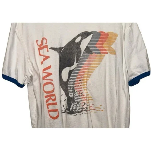 Vintage SEA WORLD Shamu Orca Whale Silhouette Ringer T Shirt XXL Rare OOAK - Picture 2 of 4